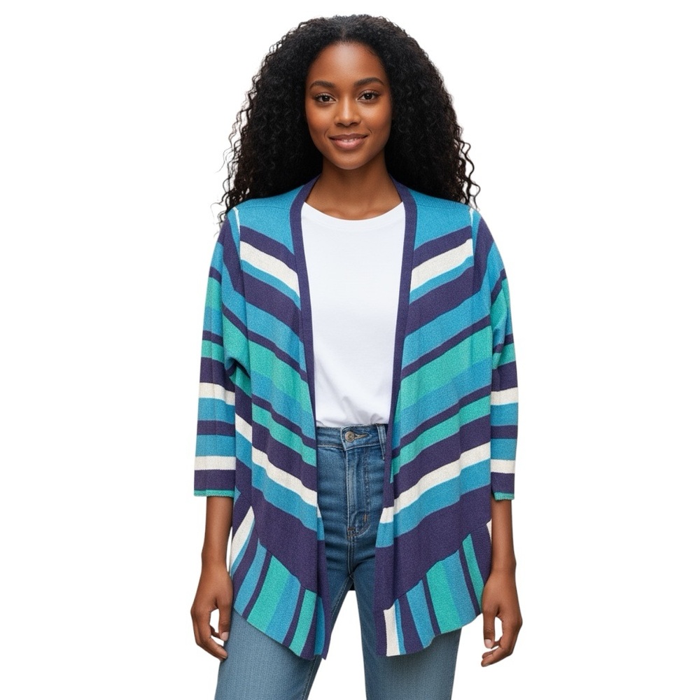 Joseph A Qu'est-ce Que C'est 3/4 sleeve blue striped open front cardigan